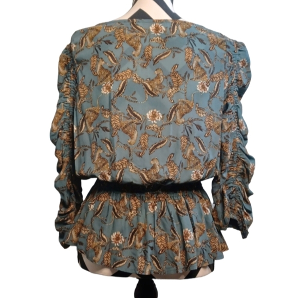Anthropologie Caballero Leopard Cheetah Print Peplum Ruched Top Blouse - Picture 2 of 13
